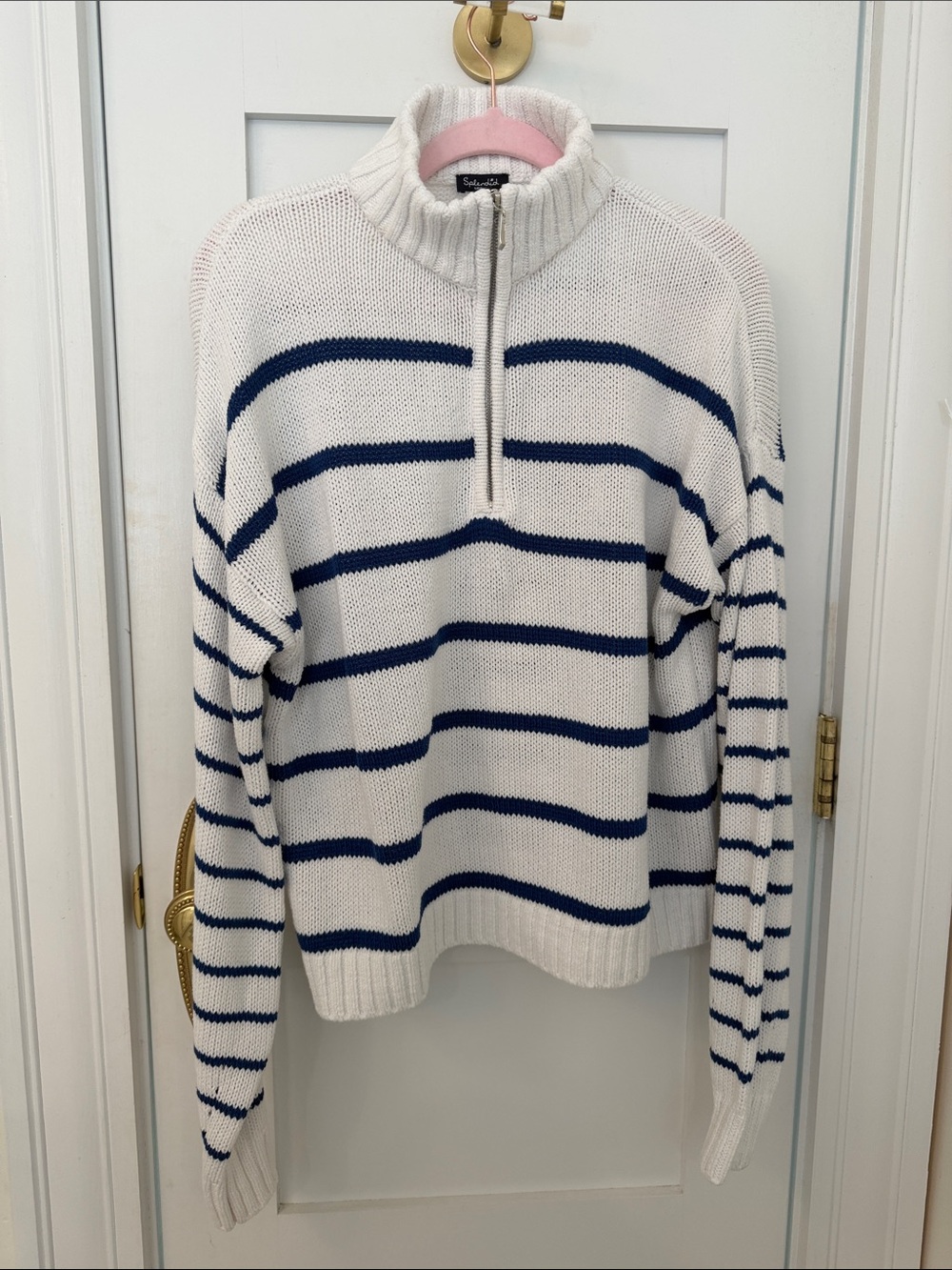 Splendid White and Navy Striped Half-Zip Sweater